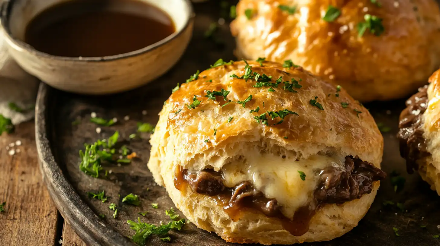 Freshly baked French Dip Stuffed Biscuits with cheese and au jus.