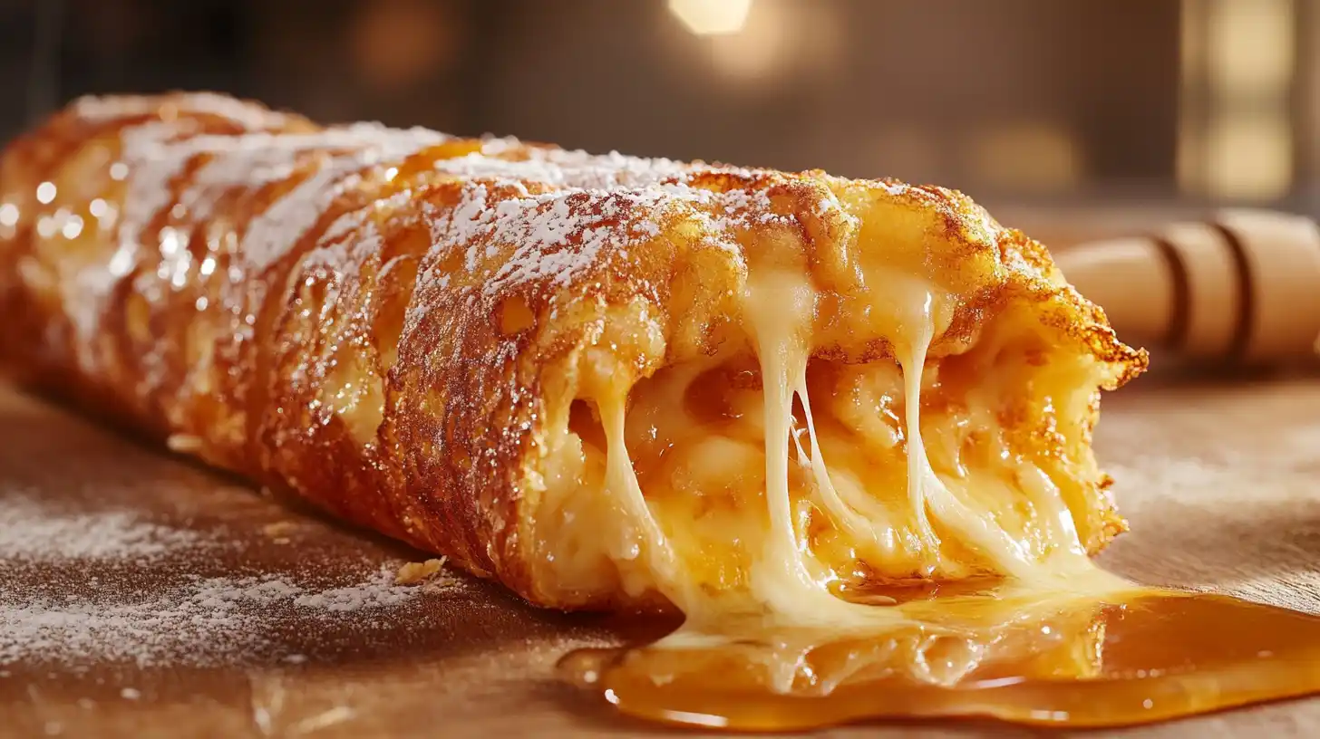 Golden-brown Cheese French Toast Roll with melted cheese oozing out.