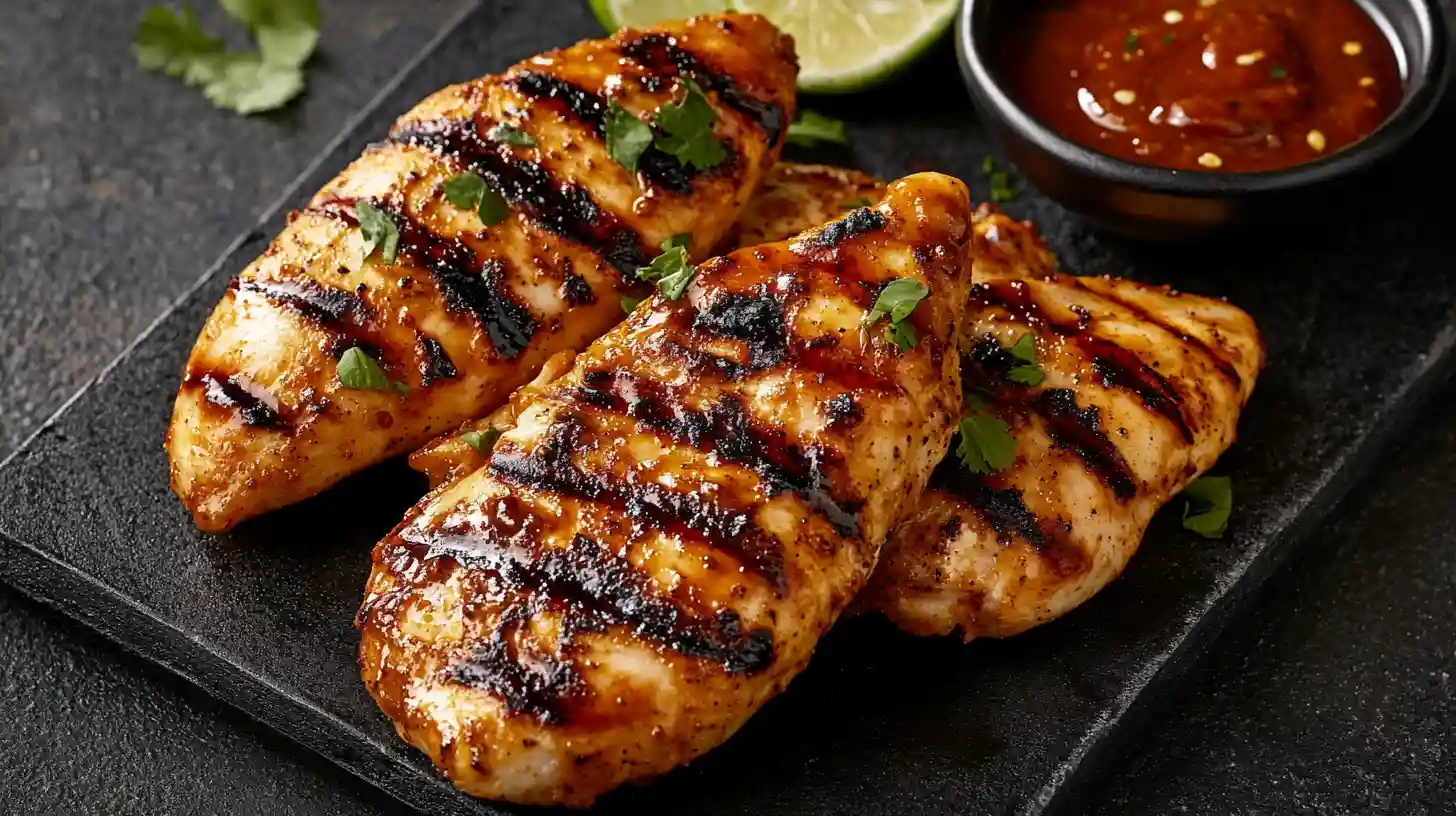 Crispy jerk chicken tenders with a side of dipping sauce.