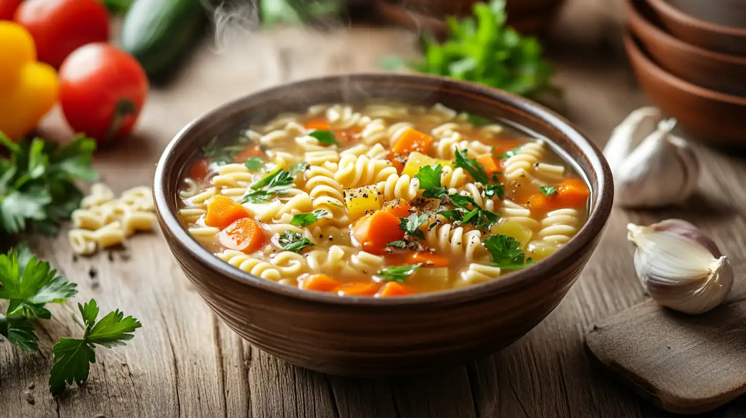 A warm bowl of Alphabet Soup with pasta letters and fresh veggies.