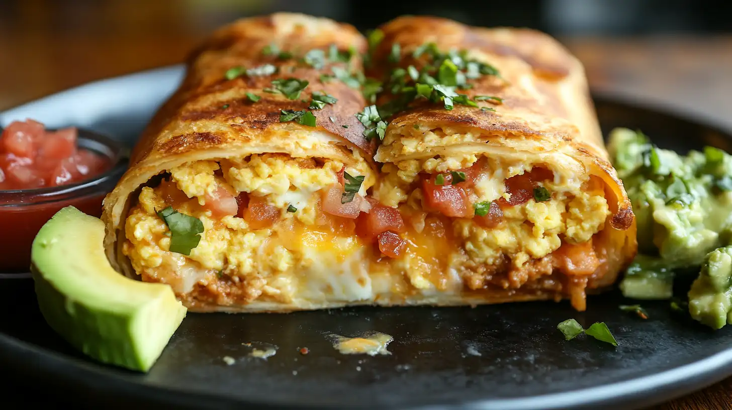 A close-up of a sliced breakfast burrito with eggs, cheese, and avocado.