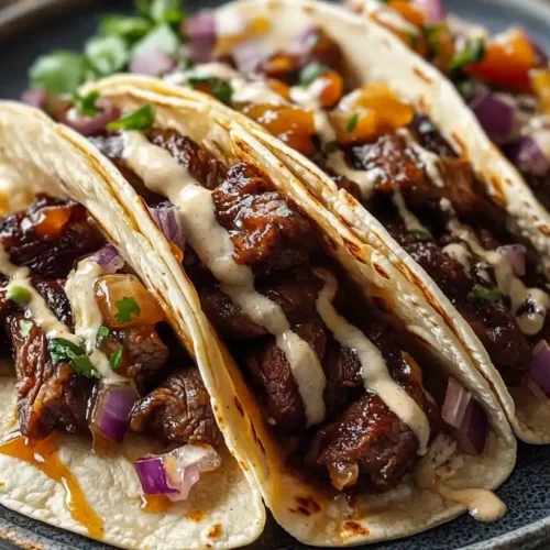 A close-up of Garlic Butter Honey BBQ Beef Tacos with melted cheese, fresh cilantro, and jalapeños.