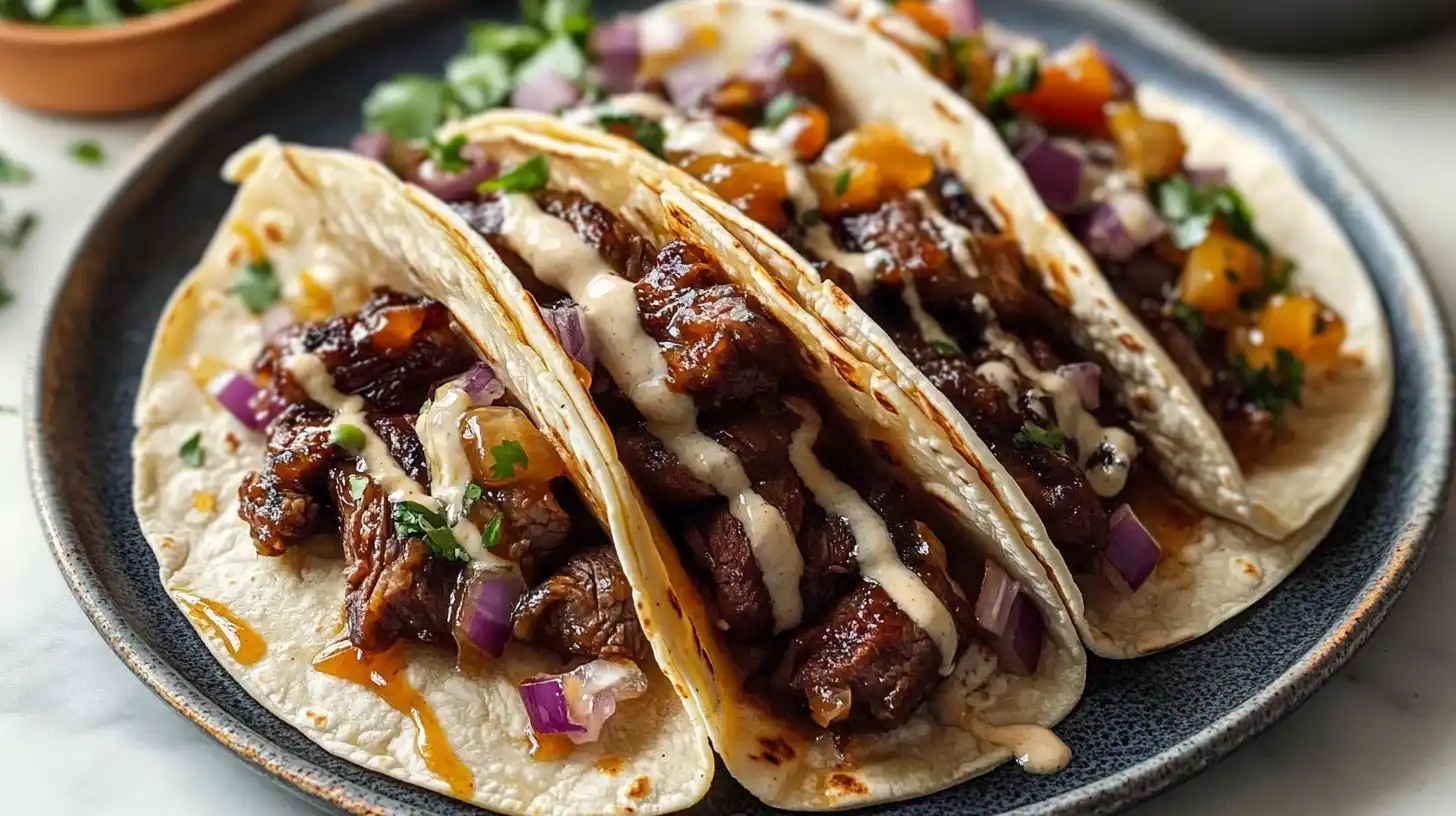 A close-up of Garlic Butter Honey BBQ Beef Tacos with melted cheese, fresh cilantro, and jalapeños.