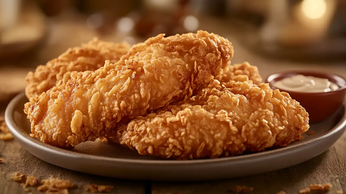 A crispy, golden-brown onion crunch chicken served on a plate with a side of dipping sauce.