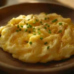 A plate of cheesy scrambled eggs with melted cheese and chives.