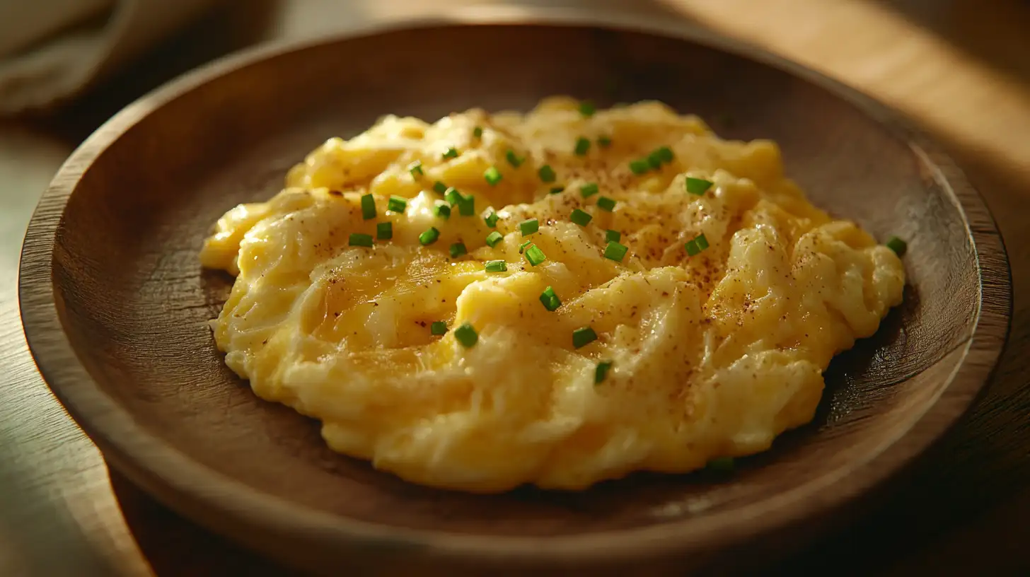 A plate of cheesy scrambled eggs with melted cheese and chives.