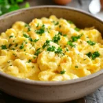 A baking dish filled with fluffy, golden oven baked scrambled eggs, garnished with fresh herbs.