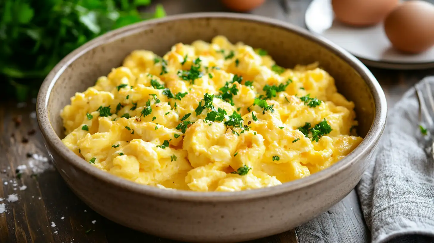 A baking dish filled with fluffy, golden oven baked scrambled eggs, garnished with fresh herbs.