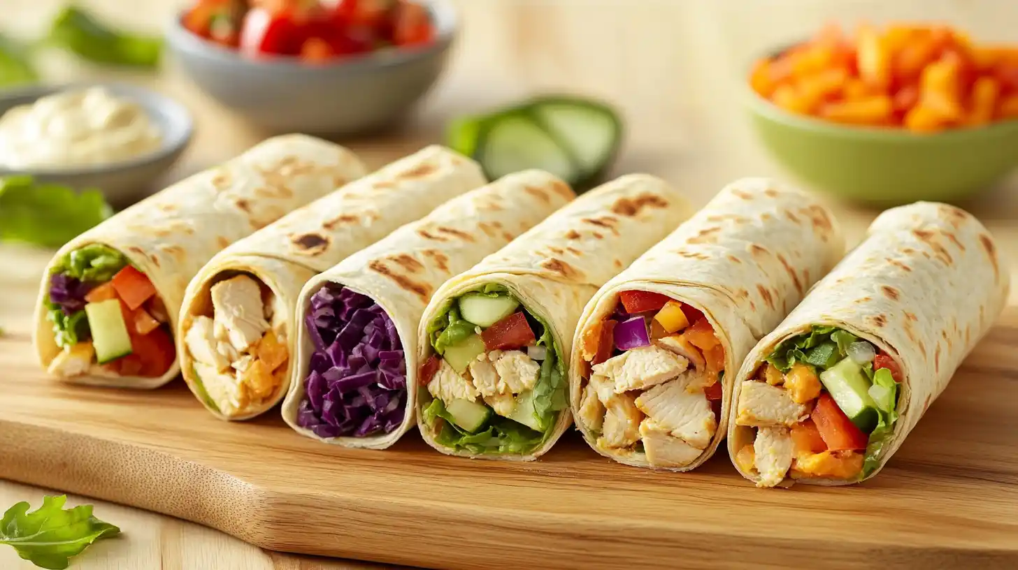 A stack of delicious, colorful make-ahead lunch wraps on a wooden board.