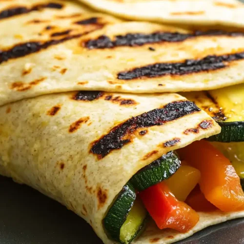 A delicious hummus and grilled vegetable wrap with colorful, fresh veggies inside a whole wheat tortilla.