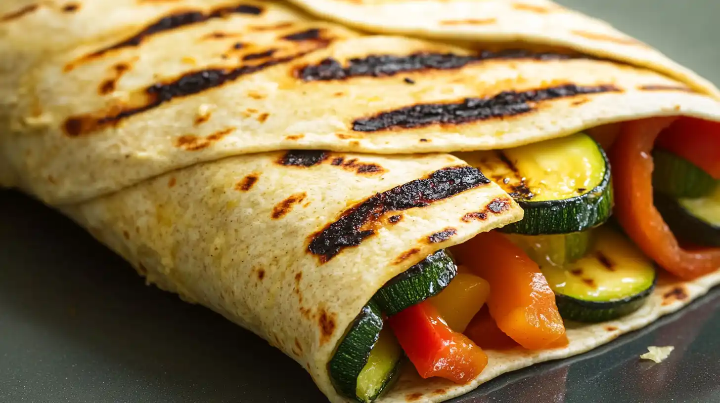 A delicious hummus and grilled vegetable wrap with colorful, fresh veggies inside a whole wheat tortilla.