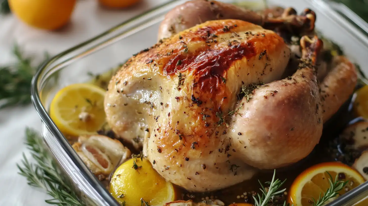 Freshly brined turkey in a glass container with herbs