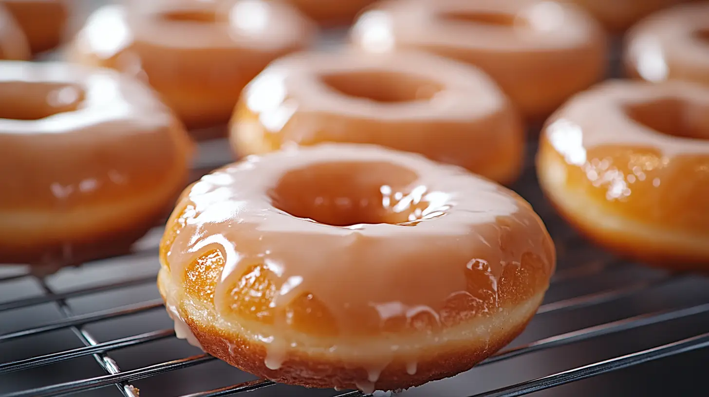 The Ultimate Guide to Making Classic Glazed Donuts 4 A close-up of freshly glazed classic donuts cooling on a rack.