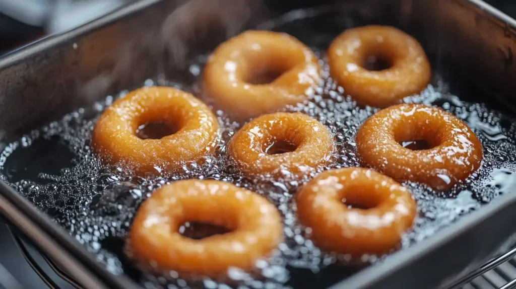 The Ultimate Guide to Making Classic Glazed Donuts 2 stack of classic glazed donuts with one donut pulled apart, revealing its fluffy inside.