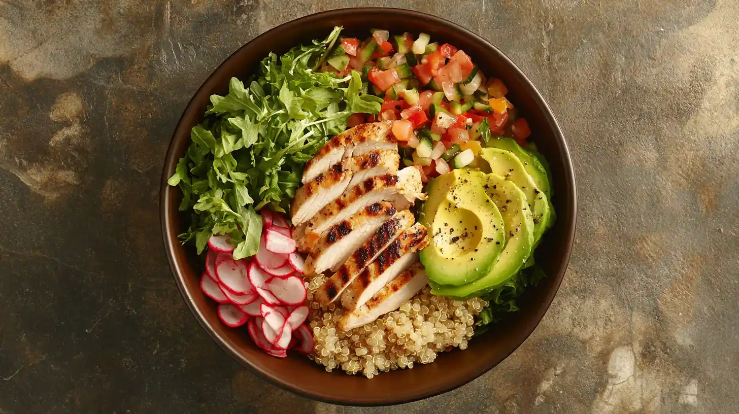 A vibrant and nutritious lunch bowl with quinoa, grilled chicken, avocado, and fresh vegetables.