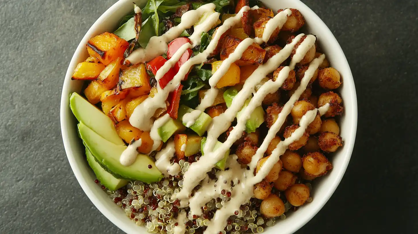 A colorful Meatless Grain Bowl with quinoa, fresh vegetables, and tahini dressing.