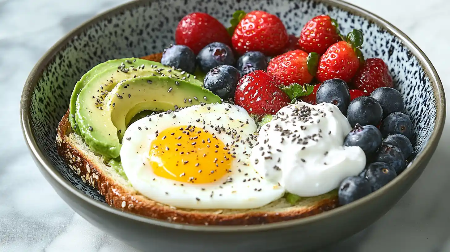 A nutritious high-protein breakfast featuring eggs, Greek yogurt, and avocado toast.