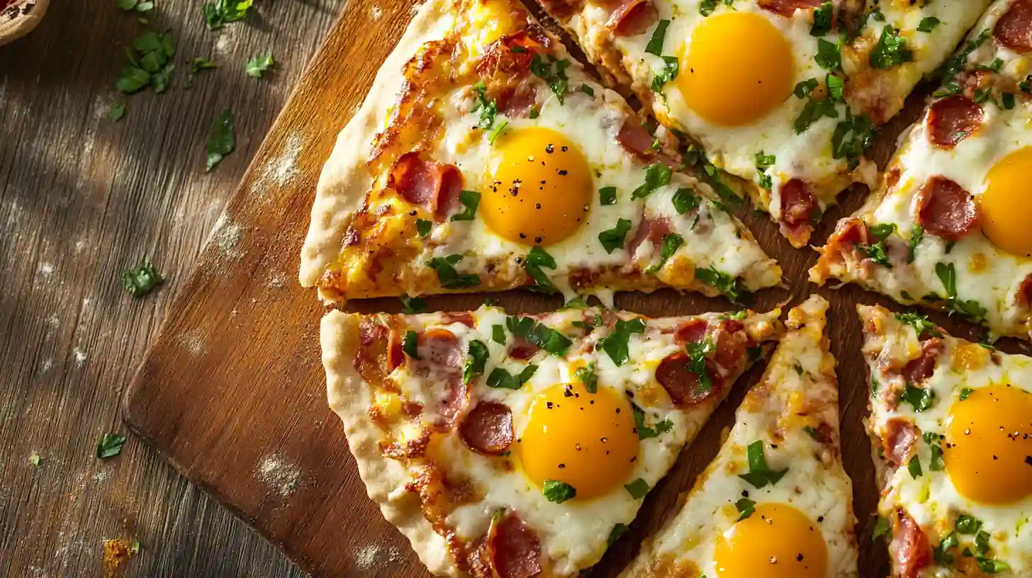 A perfectly baked breakfast pizza with eggs, cheese, and fresh herbs.