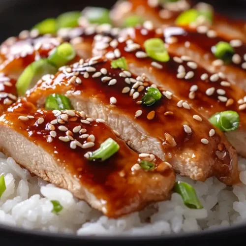 A plate of chicken teriyaki drizzled with glossy sauce, garnished with sesame seeds and green onions, served with steamed rice.