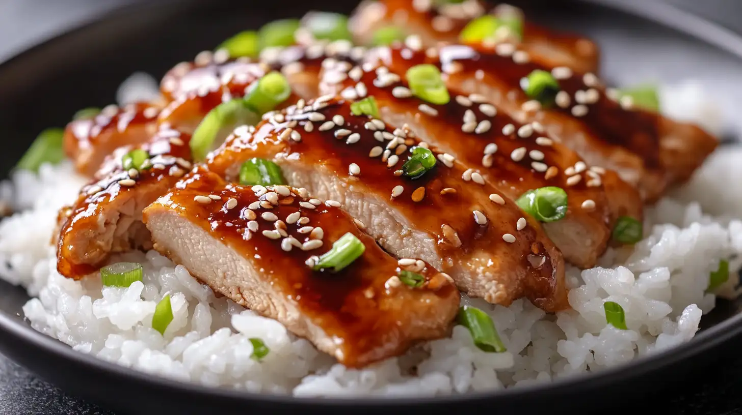 A plate of chicken teriyaki drizzled with glossy sauce, garnished with sesame seeds and green onions, served with steamed rice.