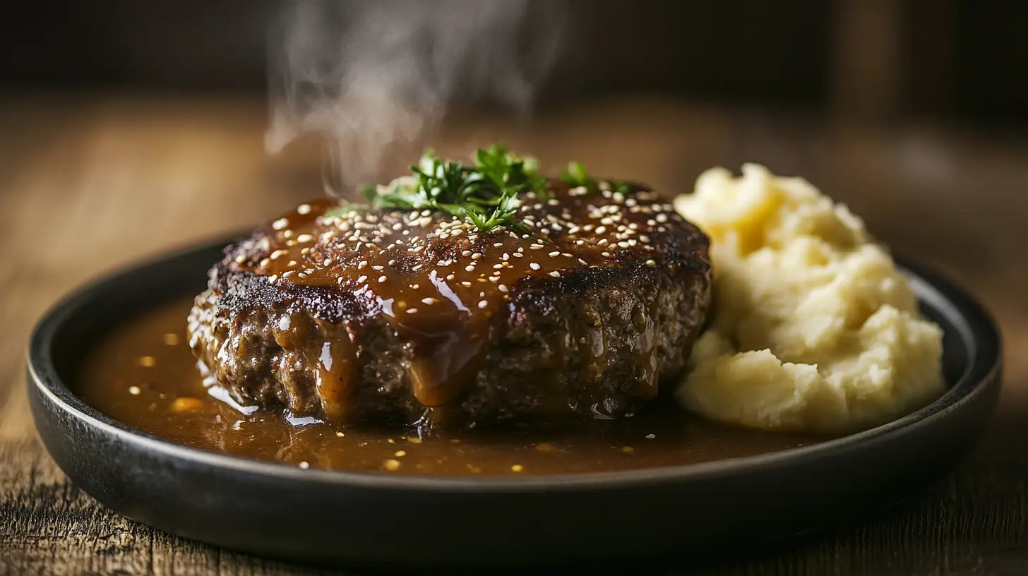 Juicy hamburger steak with gravy and mashed potatoes