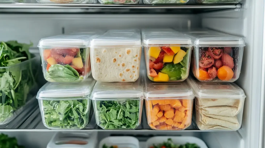 Make-Ahead Lunch Wraps: The Ultimate Guide to Meal Prep 3 Prepped and labeled make-ahead lunch wraps stored in a fridge