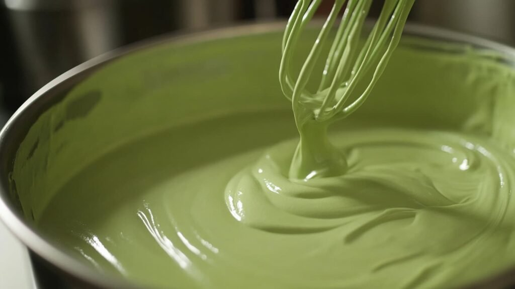 A bowl of pistachio pudding being whisked until smooth.