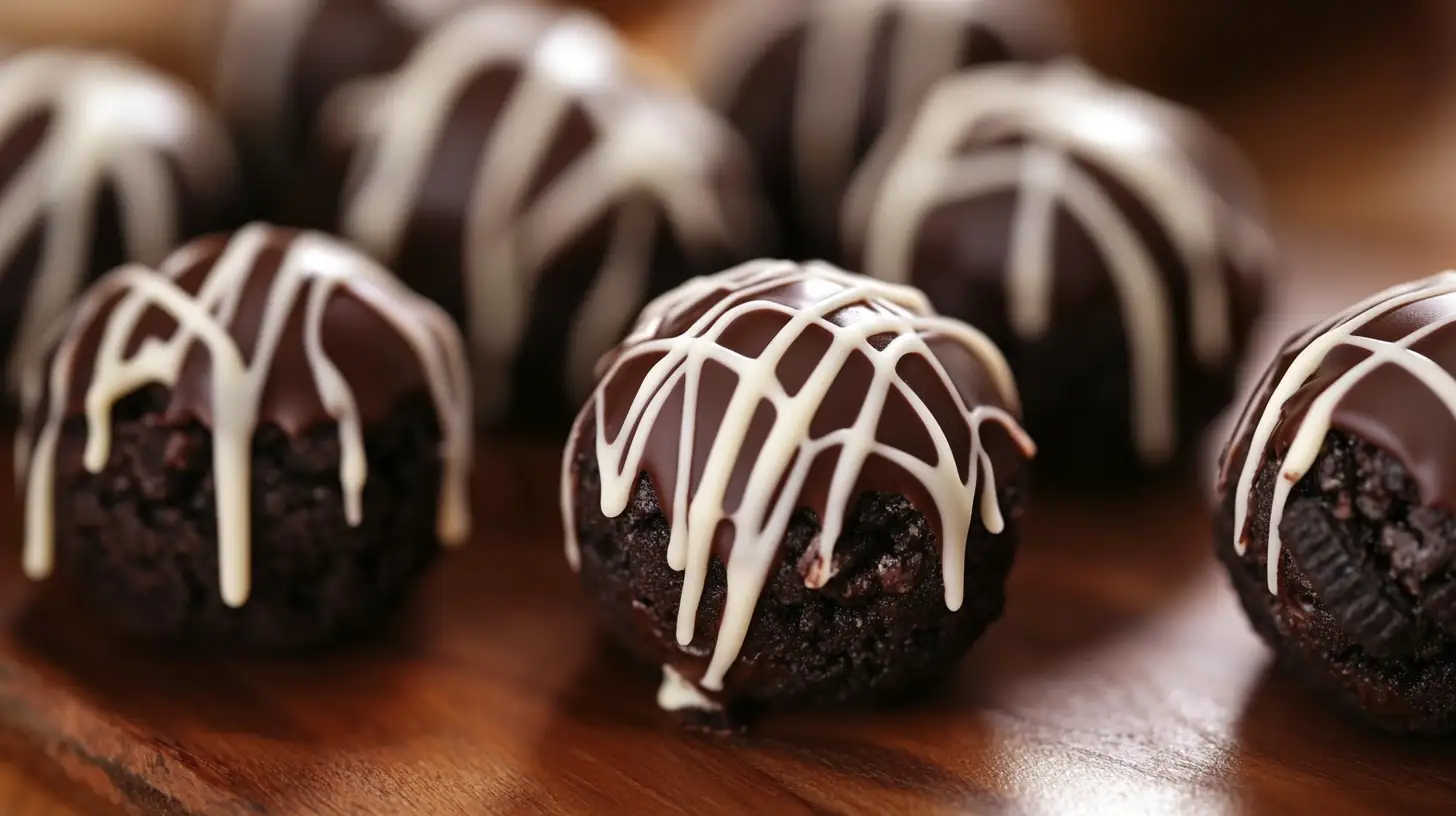 plate of perfectly coated Oreo balls with chocolate drizzle.
