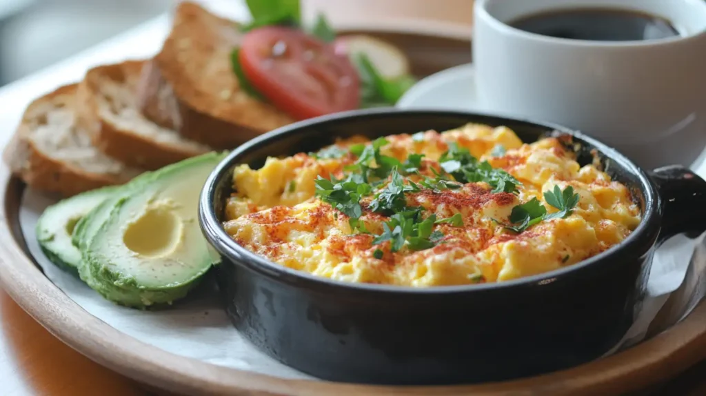  A plated serving of oven baked scrambled eggs with toast, avocado, and a cup of coffee.
