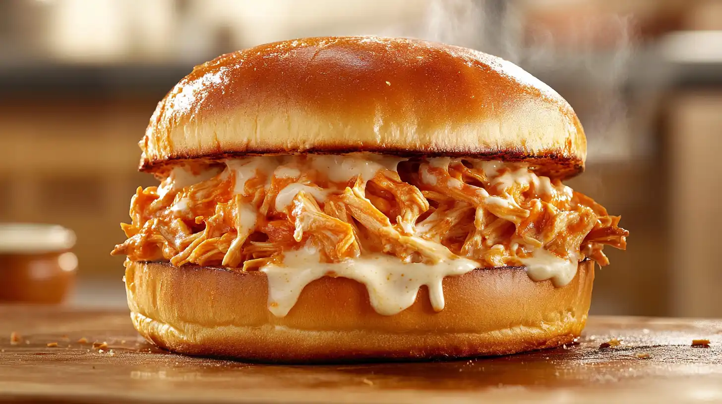 Slow Cooker Buffalo Chicken Sandwich on a toasted brioche bun with melted cheese and ranch drizzle.