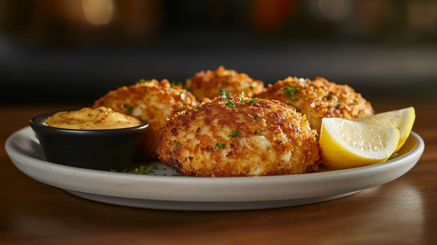 Close-up of a crispy golden crab cake with lemon slices.