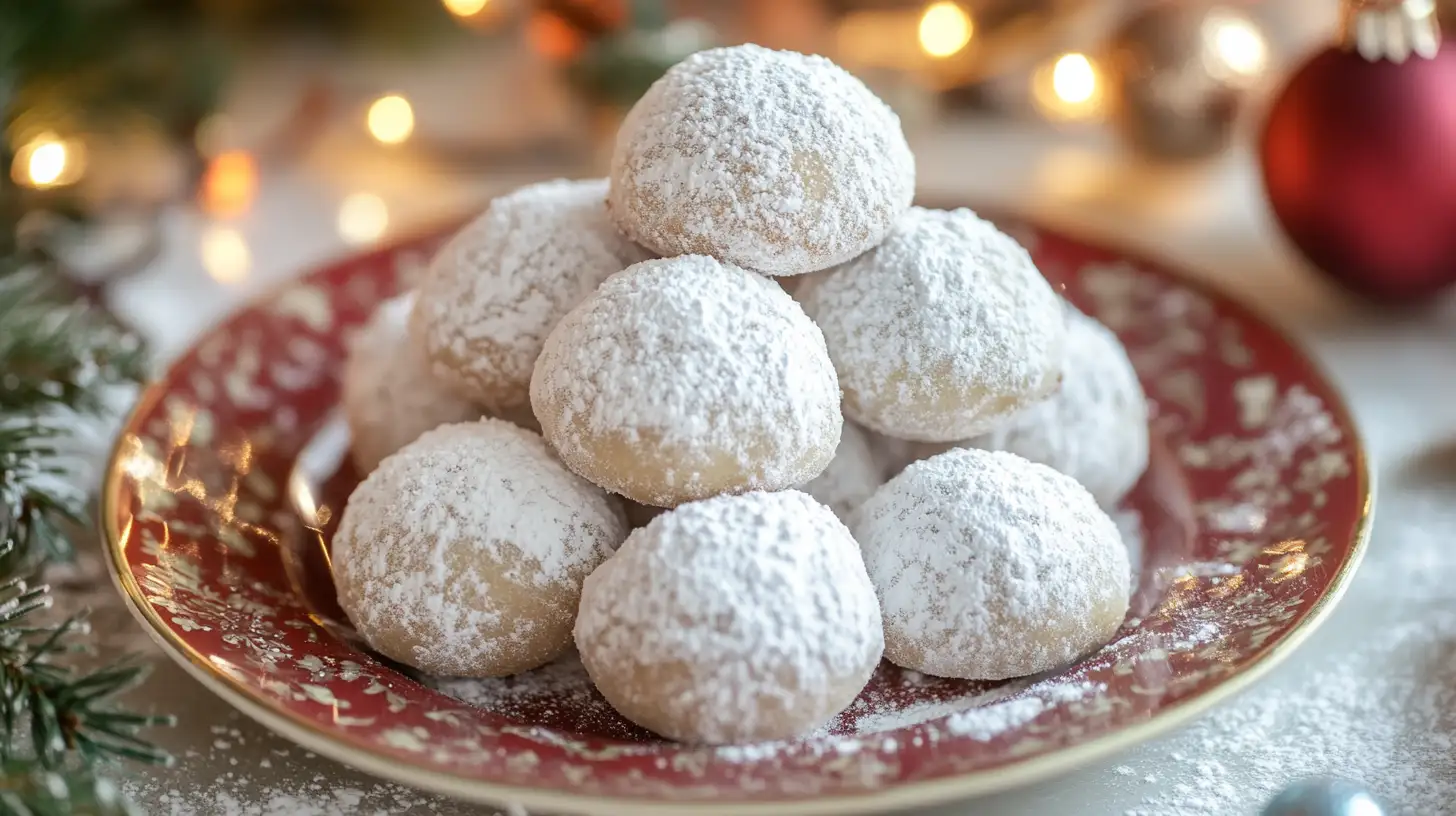 Freshly baked snowball kiss cookies dusted with powdered sugar on a plate.