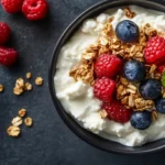 A bowl of quick cottage cheese with fresh berries and granola.