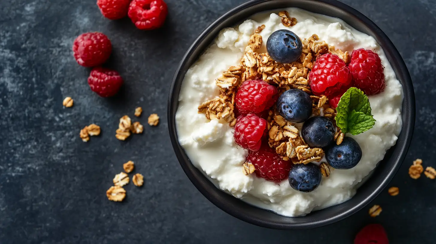 A bowl of quick cottage cheese with fresh berries and granola.