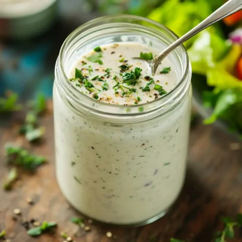 A creamy homemade ranch dressing in a glass jar with fresh herbs.