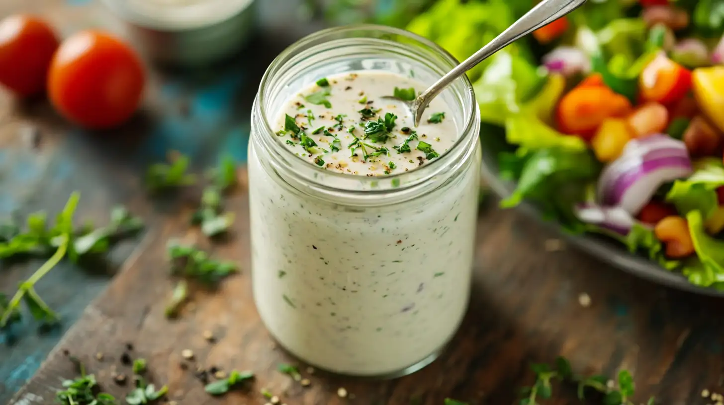 A creamy homemade ranch dressing in a glass jar with fresh herbs.