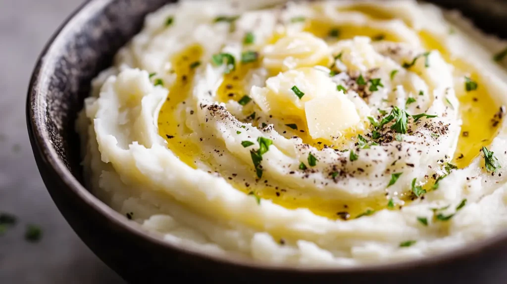 Creamy truffle mashed potatoes with butter and Parmesan
