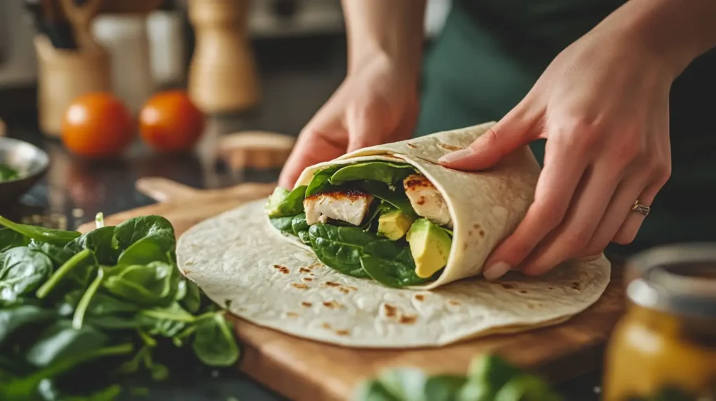 Make-Ahead Lunch Wraps: The Ultimate Guide to Meal Prep 2 Hands rolling up a tortilla filled with healthy ingredients.