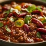 A steaming bowl of the best chili recipe, topped with cheese and fresh cilantro, served in a rustic bowl with a side of cornbread.