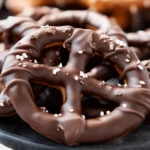 Glossy chocolate covered pretzels with toppings