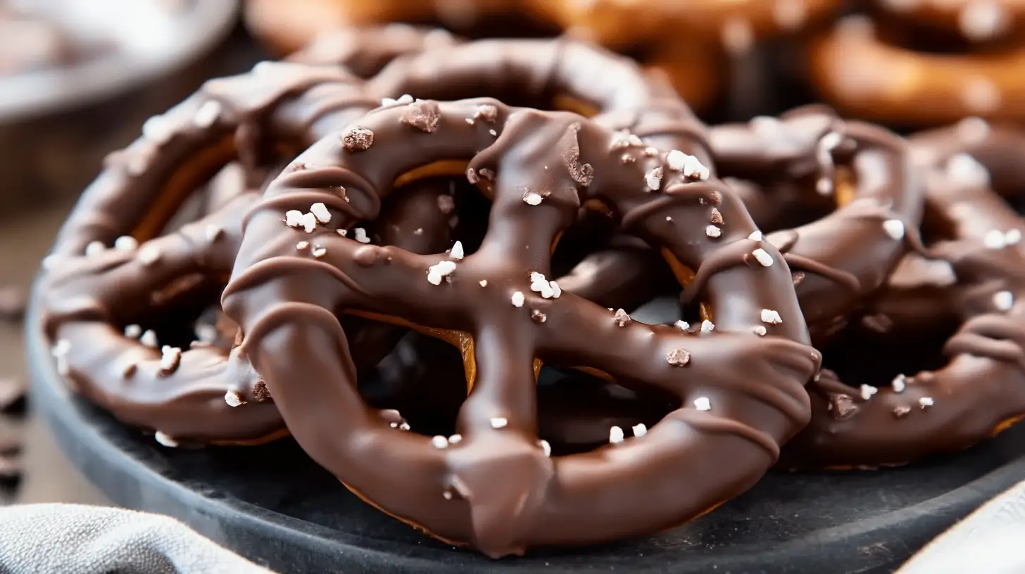 Glossy chocolate covered pretzels with toppings