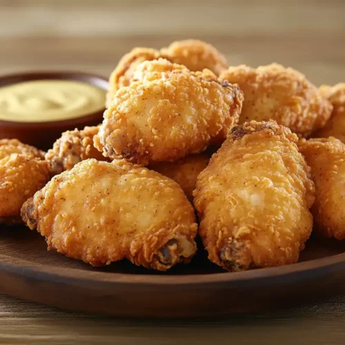 Crispy golden-brown chicken wings coated with cornstarch, served with a dipping sauce.