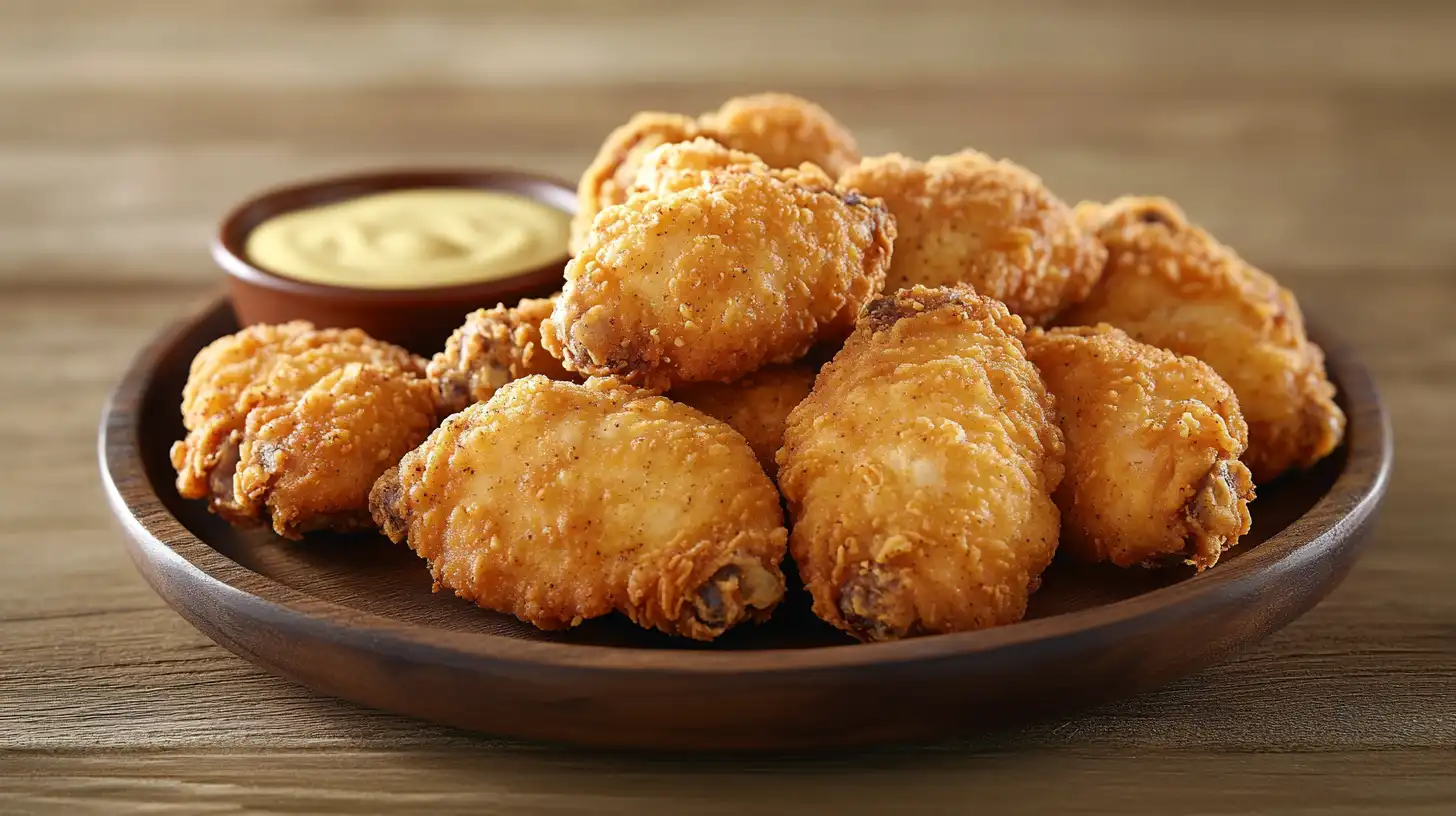 Crispy golden-brown chicken wings coated with cornstarch, served with a dipping sauce.