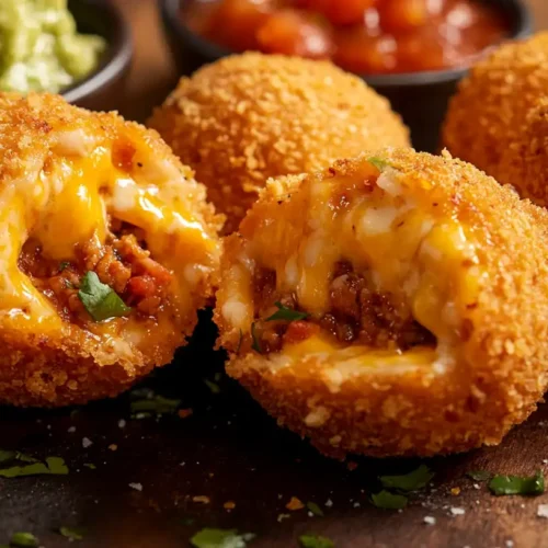 Crispy, deep-fried taco bombs with melted cheese inside