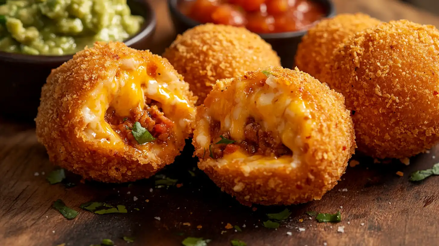 Crispy, deep-fried taco bombs with melted cheese inside