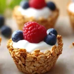 A close-up of homemade granola cups filled with yogurt and berries.