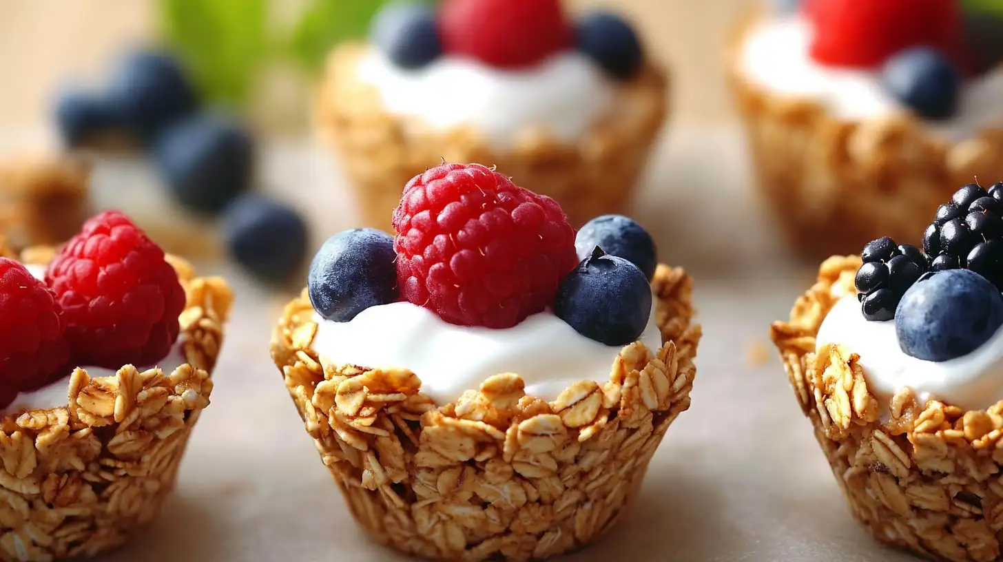 A close-up of homemade granola cups filled with yogurt and berries.