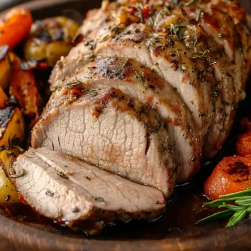 Slow-cooked Hormel pork tenderloin in a crock pot, garnished with fresh herbs and sauce.