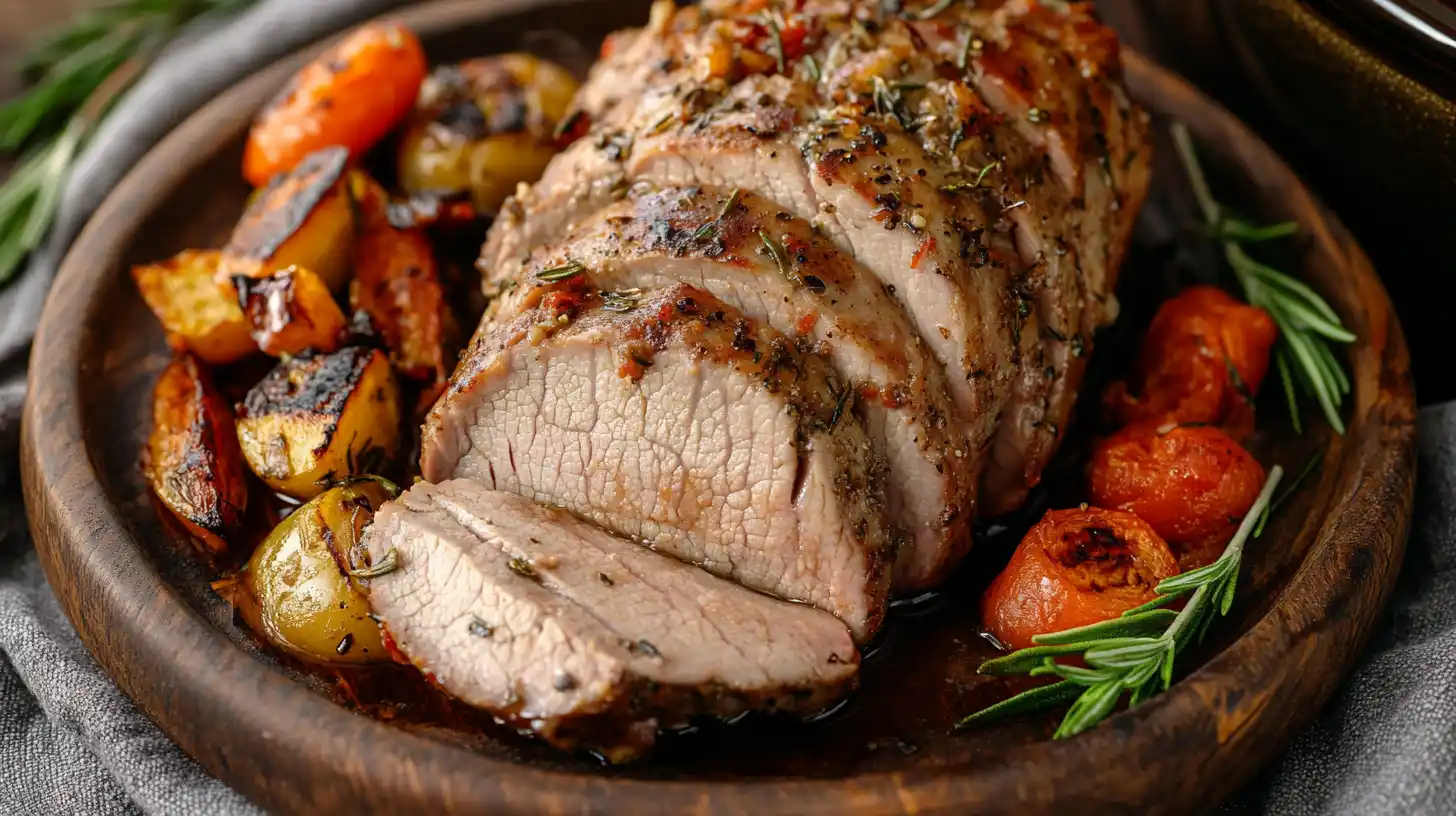 Slow-cooked Hormel pork tenderloin in a crock pot, garnished with fresh herbs and sauce.