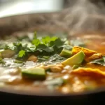 A steaming bowl of chicken tortilla soup recipe, topped with crispy tortilla strips and fresh avocado.